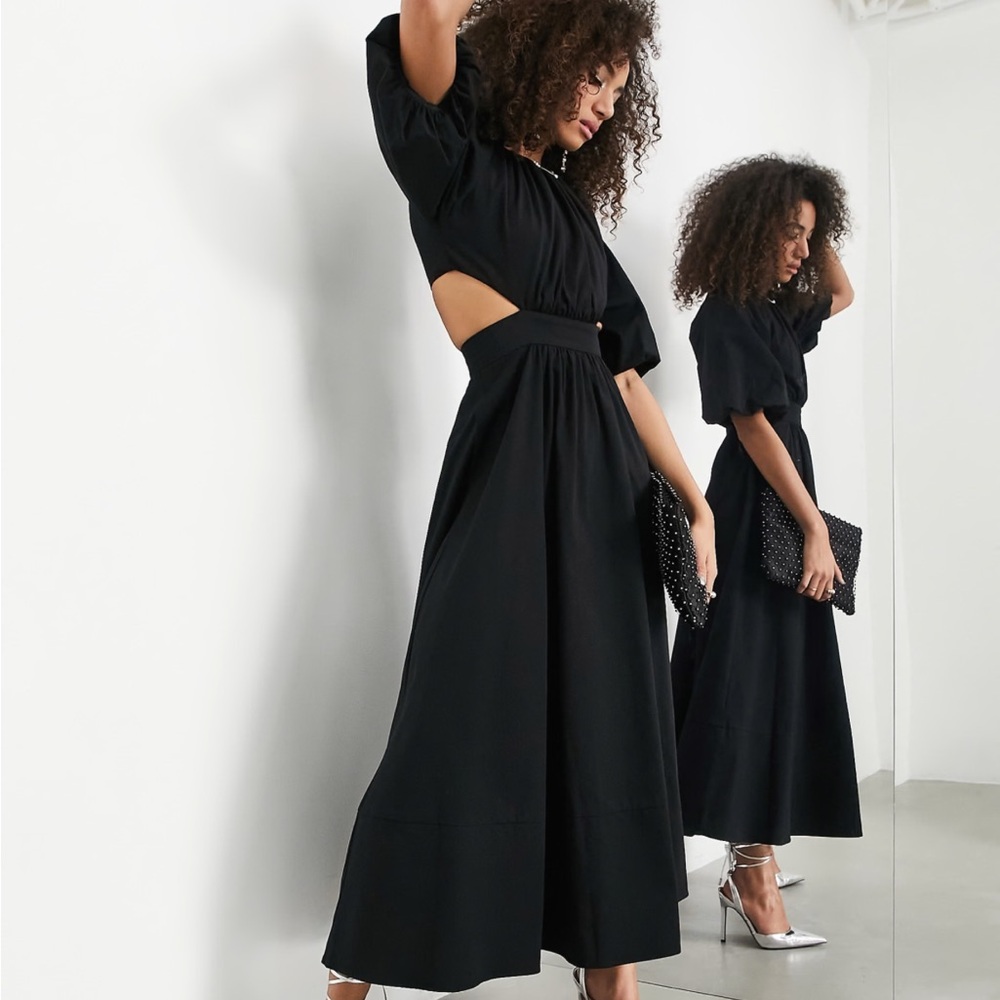 ASOS EDITION puff sleeve midi dress with cut out back in black